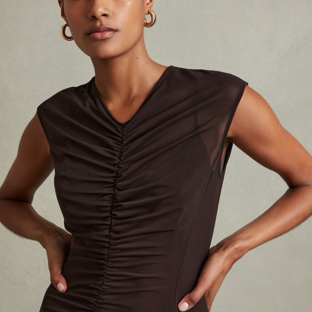 LYRA MESH RUCHED MIDI DRESS IN CHOCOLATE - Picture 8 of 9